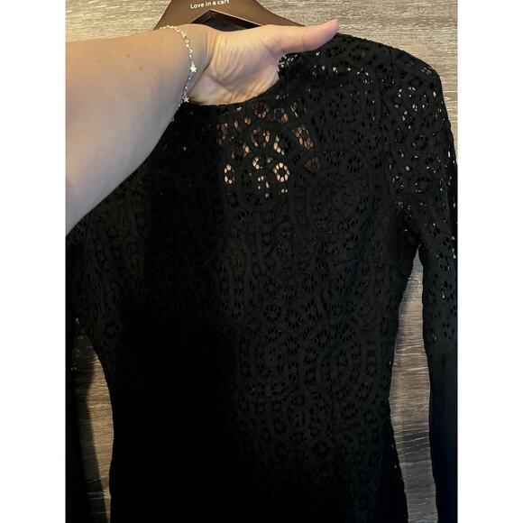 IRIS Black Dress size Small Cocktail Long bell Sleeves Short Lace Elegant Party - Picture 6 of 10